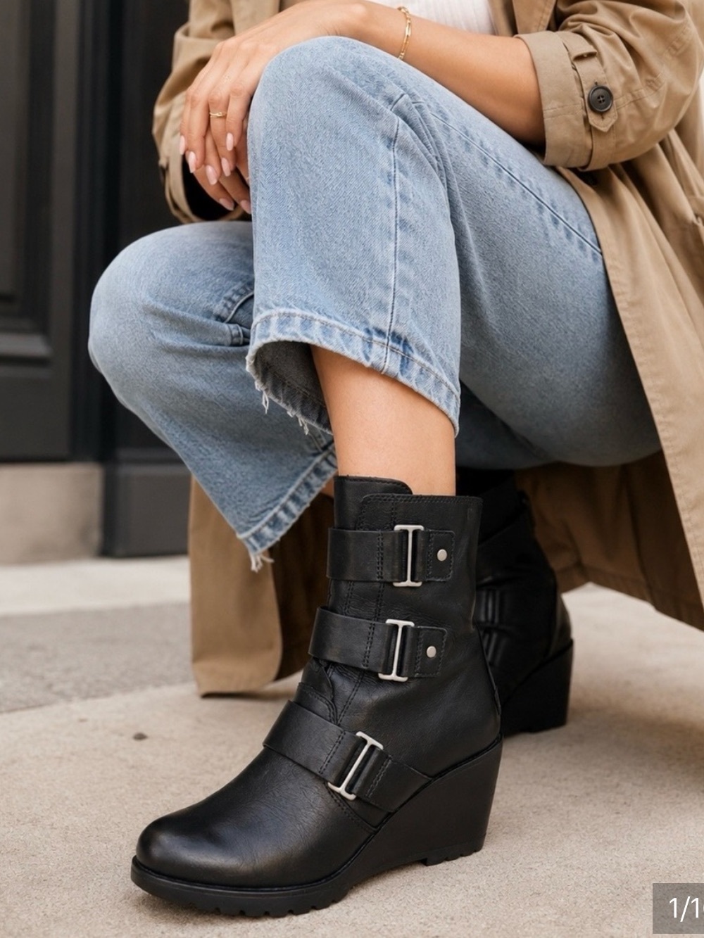 Sorel After Hours Black Wedge Buckle Ankle Boots - size 7
